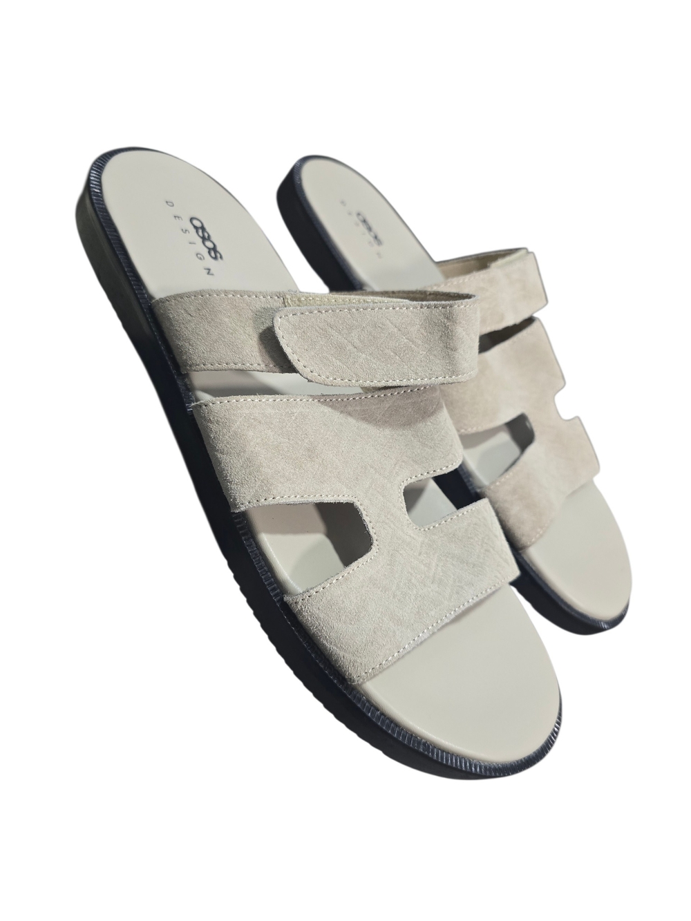 Asos Design Men's Size 12 Leather In Textured Stone Light Beige Slide Sandals